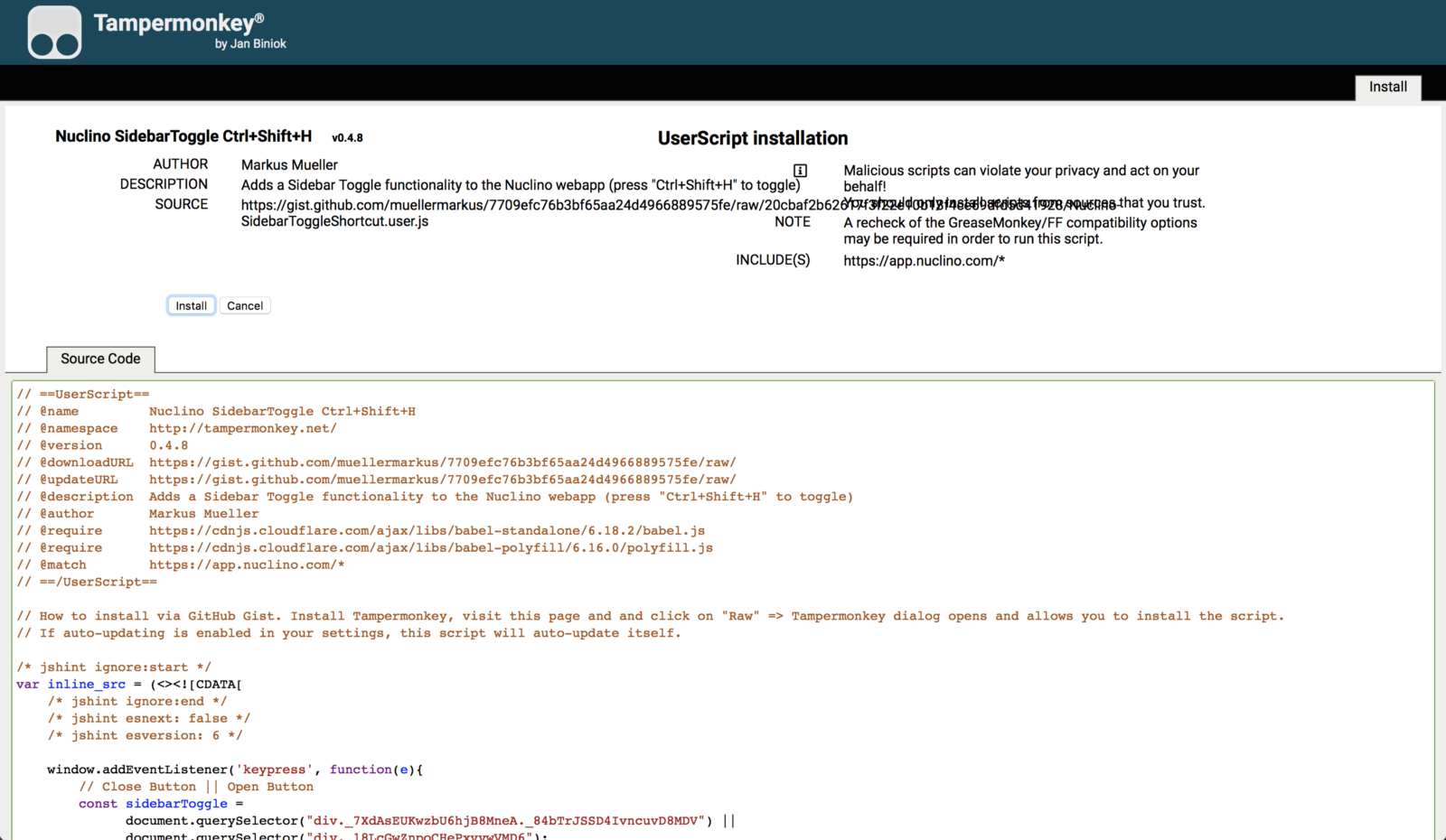 Tampermonkey Script Installation Screen