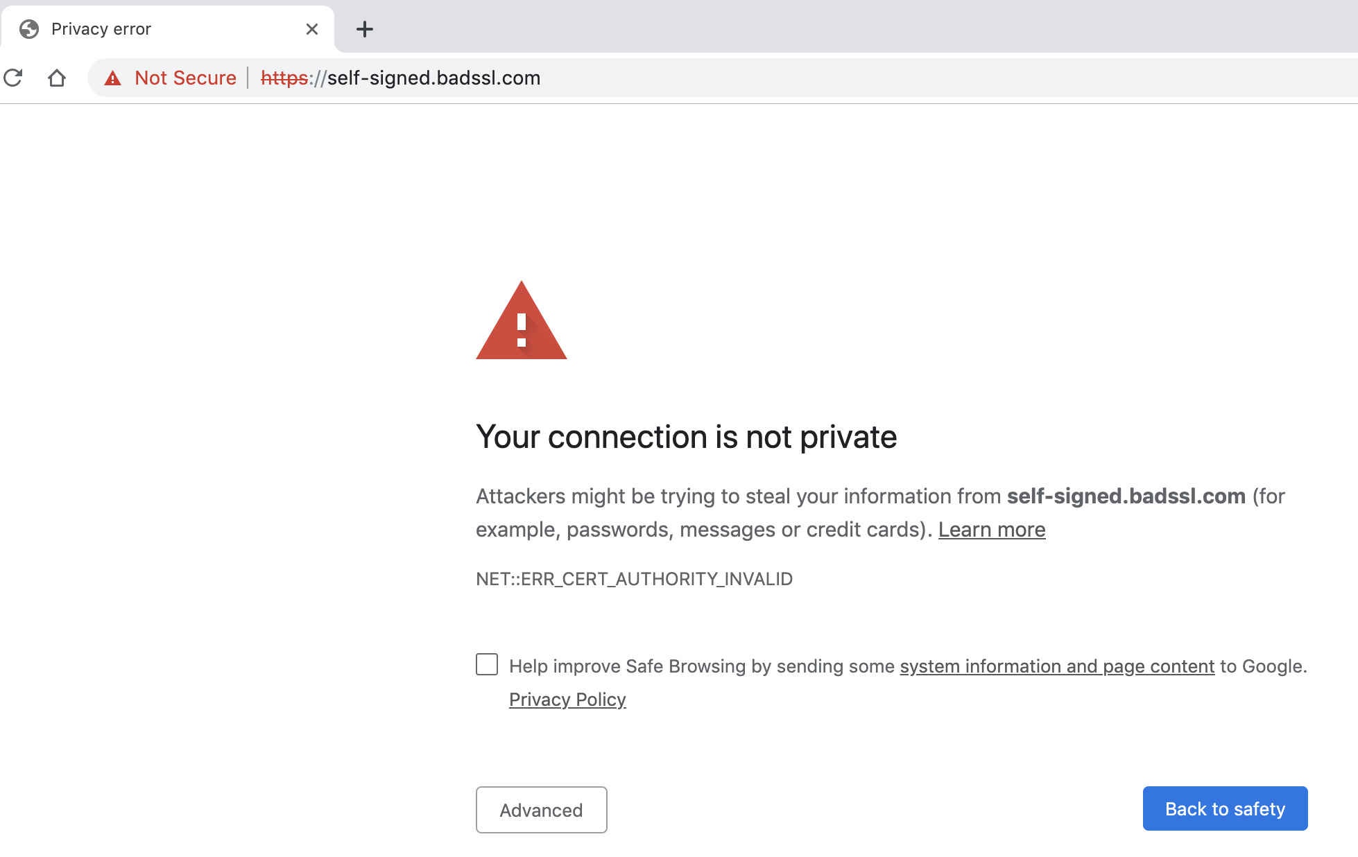 Google Chrome showing an error on a site that was not signed with a valid certificate