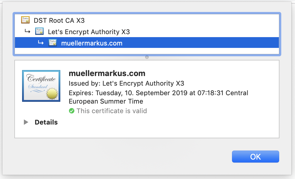 The SSL-certificate for muellermarkus.com is issued by Let’s Encrypt